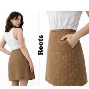 Roots Wool Tweed Herringbone A-Line Skirt Brown Pockets Size 8
